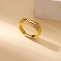 Detailed macro view of an adjustable gold H-shaped ring with pavé-set zircons and stones - Adjustable Open / Gold H-Shape Pave Style (G4127626)