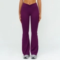 Purple high-waisted yoga flare pants with V-shaped pleated waist for workout - S / Giga Purple