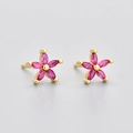 Detailed close-up of gold five-petal flower stud earrings with vibrant rose pink zircons - Gold Red Corundum