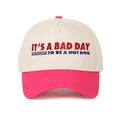 Close-up of color-block baseball cap featuring embroidered Hot Dog slogan text - Rose Red