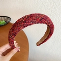 Red and black tweed wide headband with sponge padding for an elegant vintage Christmas look - Wide Brim Tweed / Salmon Red