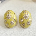 Vintage oval enamel flower earrings with yellow marble pattern and rhinestones - 1.8*2.4cm / Yellow Floral Style (Style A)