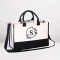 Large capacity canvas tote bag with black and white stitching and floral letter S print - Zipper Crossbody Style-With Shoulder Strap / Beige Black-Letter S