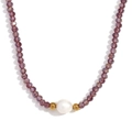 Beaded necklace with purple faceted crystals and a central white freshwater pearl - Rose Purple Transparent
