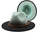 Detail of wool fedora with gradient mint green to charcoal black and brown leather strap - M (56-58cm) / Mint Green + Black