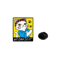 Cat We Can Do It enamel pin with red polka dot headband and blue shirt on yellow background - White Cat We Can Do It Style (CZ0797-1)
