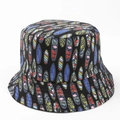 Detail of a black bucket hat with vibrant summer patterns including flamingos and flowers - M(56-58cm) / Black Surfboard Flamingo (30#)