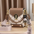Mini crossbody bag in beige and brown check with pink logo strap and bear charm - Brown