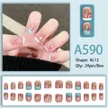 Cute short round press-on nails with heart and star patterns in blue and pink tones - Morandi Color Block (A590)