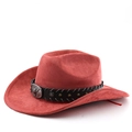 Detail of red suede cowboy hat with black leather band and metal bull head emblem - M (56-58cm) / Brick Red