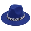 Detail of royal blue fedora hat with sparkling rhinestone encrusted silver curb chain - Sapphire Blue