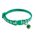 Green nylon pet collar with white paw prints and bell on a clean white background - Dark Green