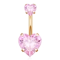 Detail showing two pink heart-shaped gems on a rose gold belly button piercing ring - Rose Gold-Pink Zircon Heart