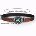 Retro brown leather belt with floral embossing and turquoise gemstone buckle detail - Round Radial Turquoise Style (3#)