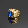 Men's dragon relief ring in gold finish with a large rectangular blue gemstone - US 7 / Gold Color Dark Blue Gemstone
