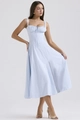 Detail view of the gathered pleated bodice and thin straps on a light blue summer dress - S / Top And Bottom / Light Blue