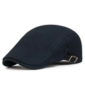 Classic dark blue flat cap in twill cotton with adjustable bronze metal buckle detail - Adjustable / Navy Blue