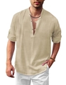 Men's khaki linen Henley shirt with long sleeves and buttoned collar in casual style - S / Tops / Khaki