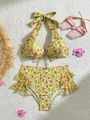 Set bikini floreale con slip a vita alta a balze e top a fascia in verde chiaro - S / Giallo