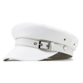 White faux leather baker boy hat with silver metal buckle and classic nautical style - 56-58cm (Adjustable) / White