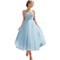 Abito da sera in tulle azzurro con spalline sottili, scollo a cuore e vita alta - US size 2 (S) / Celeste