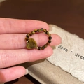 Tiger eye beaded elastic ring with a gold heart pendant and metallic accents - Brown Heart Tiger's Eye Style