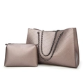 Silver-grey quilted leather tote bag set with metal chain strap and small matching pouch - Champagne Gold