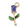 Golden rose charm pendant with deep blue enamel flower and green leaves for DIY jewelry - 1 Piece (9x18mm)
