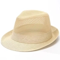 Beige mesh geweven fedora hoed met ademend ontwerp en bijpassende decoratieve band - Beige