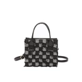 Black and white checkerboard square handbag with frayed edges and golden hardware - Black Lattice