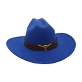 Chapeau de cow-boy bleu vif en laine avec bande en cuir et tête de taureau dorée - Bleu saphir