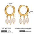 Golden stainless steel pearl drop earrings with size specs and waterproof features - JDE2407011-Pearl Drop Gold Earrings