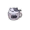 Cute enamel pin featuring a grey and white cat sitting in a pink striped coffee cup - Pink Striped Cup Camera Cat (C1958-15)