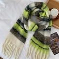 Winter plaid scarf with yellow green brown and cream stripes and tassel details - Green