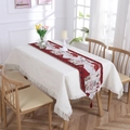 Red Christmas table runner with Santa pattern and HO HO HO text on beige fringed cloth - Style H (180x33cm)