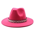 Detail of rose pink fedora hat featuring snake skin pattern band and golden rivet - Rose Red