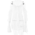 Dettaglio dell'abito corto bianco a spalle scoperte con lunghe maniche a rete - L / Bianco