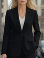 Detailed view of women's black business blazer featuring notch lapels and a single button - S / Tops / Black