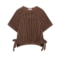 Detail of brown hollow-out knit top showing the vertical crochet texture and side bow ties - S / Brown