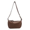 Dark brown leather crossbody dumpling bag with wide strap and metal buckle detail - Brown