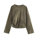 Dunkelgrünes Set aus Wildlederimitat mit Langarmshirt und modischer Ballonhose - XS / Olivgrünes Langarm-Top