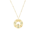 Golden hollow circular pendant necklace with blue and yellow gemstones in vintage style - Gold Blue