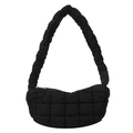 Retro minimalist black quilted puffy shoulder bag with soft padded strap on white background - Black