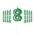Green dinosaur number 8 birthday candle set with polka dot pencil candles for party - Number 8 And Polka Dot Candles