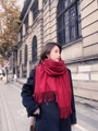 Thick red cashmere scarf with tassels styled in an outdoor urban winter setting - Thickened Tassel Style (350g) / 200*70cm / Burgundy