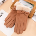Gants pour femmes camel en suédine avec poignets en fourrure et détail de nœud - Taille unique / Daim Synthétique Nœud-Kaki (Double Épais)