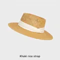 Chapeau de paille kaki à haut plat avec ruban crème pour protection solaire élégante - Réglable (54-58cm) / Khaki Ruban Beige (0404)