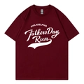 Close-up of Philadelphia Father's Day Run print on a burgundy casual cotton T-shirt - Wine Red 317