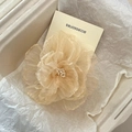 Elegant beige camellia hair clip with organza petals and pearl detail in gift box - Gold