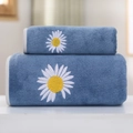 Blue-grey coral fleece towel set featuring white daisy embroidery and soft edges - Towel (35*75cm) / Youth Daisy Series (Blue)